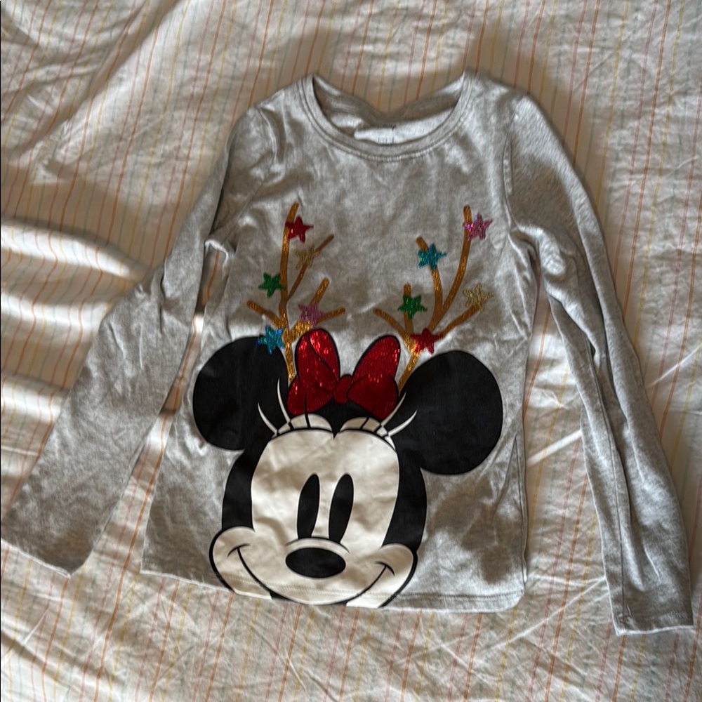 Disney Gray Long Sleeve Tee with Minnie Mouse and Colorful Stars